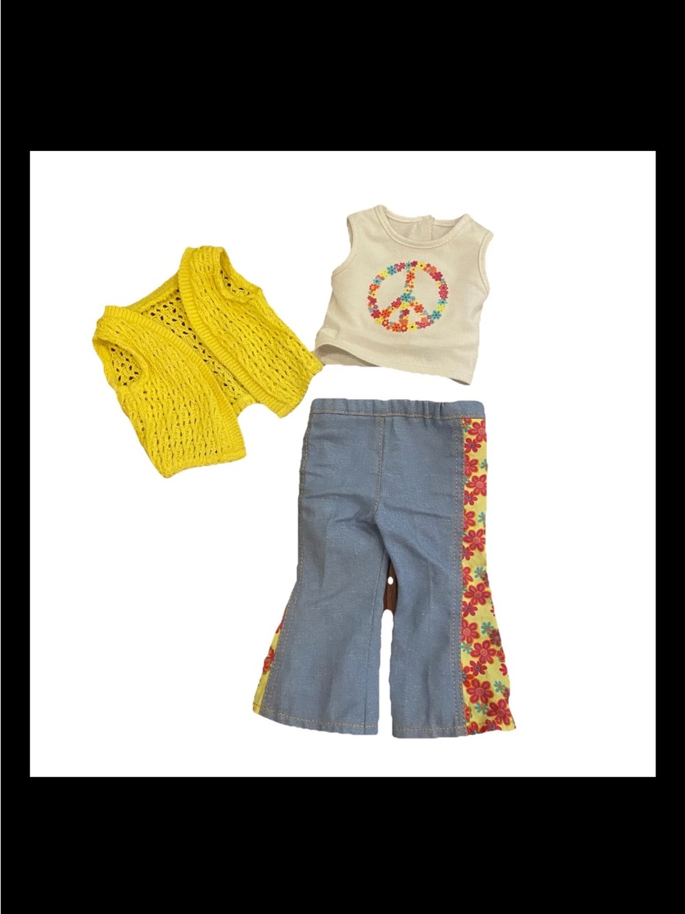 American Girl Julie Meet Yellow Knit Vest White Tank Top Floral Peace Sign Pants